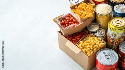 Food donation box with canned goods pasta and rice on white surface background