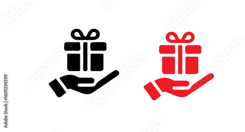 A graphic displaying two hands presenting gifts in black and red color variations