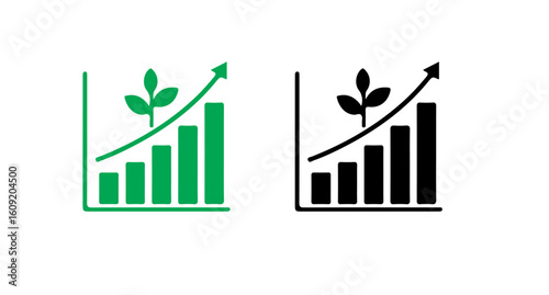 A graphical representation of growth with bars and a plant in green and black colors