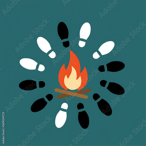 A campfire surrounded by footprints, symbolizing shared experience and journey.