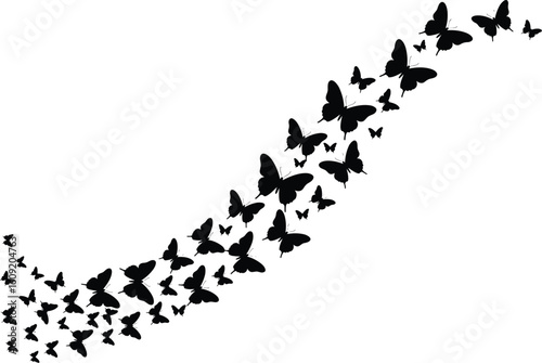 Flying butterfly silhouette vector, black butterfly swarm clipart, insect trail graphic, nature tattoo element, fluttering butterflies design, abstract insect pattern art