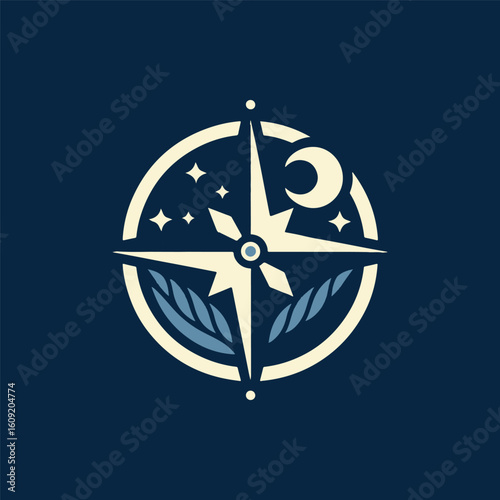 Intricate compass design featuring stars and moon, set against a deep blue background, ideal for navigation themes