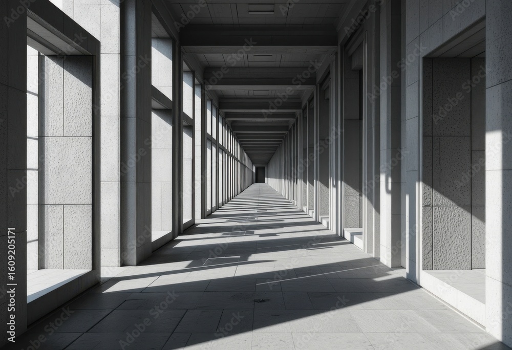 Fototapeta premium Pasillo largo con marcos cuadrados repetidos y juego de sombras, diseño minimalista que evoca simetría, profundidad y ritmo