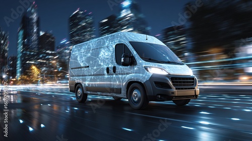 Futuristic electric delivery van driving on a city street at night creating innovation