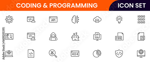 Coding and programming vector line icons featuring code brackets, laptops, bugs, debugging, algorithms, developers, software, scripts, and tech workflows.