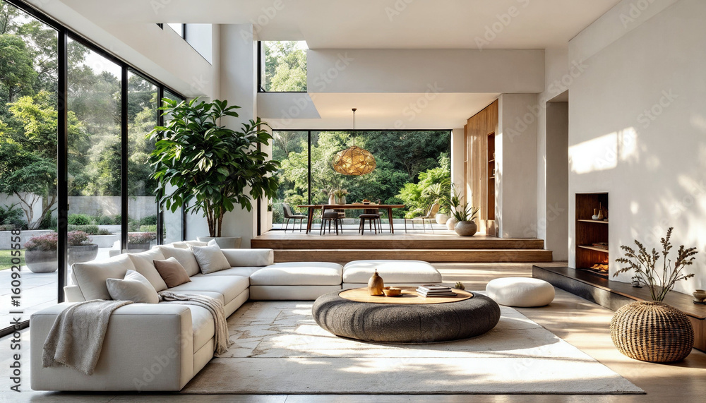 Fototapeta premium Wide-angle modern living room with split-level, natural light, white sofa, wood accents. 