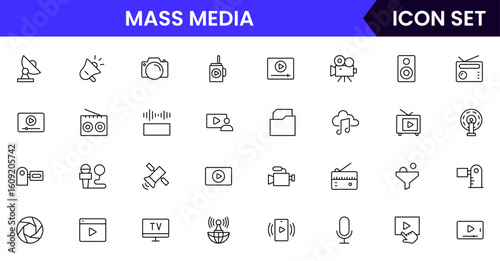 Mass media vector line icons featuring newspapers, microphones, cameras, TV screens, broadcasting, social media, journalism, communication, and news distribution symbols.