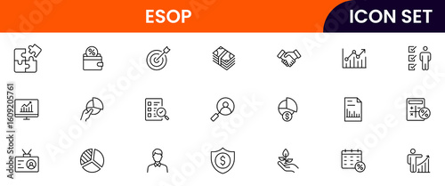 ESOP vector line icons featuring employee shares, stock options, ownership, benefits, equity, contracts, growth, incentives, and company rewards.
