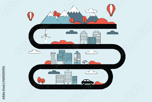 vector illustration urban rural scenery winding road hills buildings wind turbine hot air balloons bike car