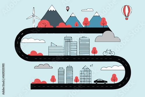 seamless vector pattern of urban rural landscape winding road hills buildings wind turbine hot air balloons