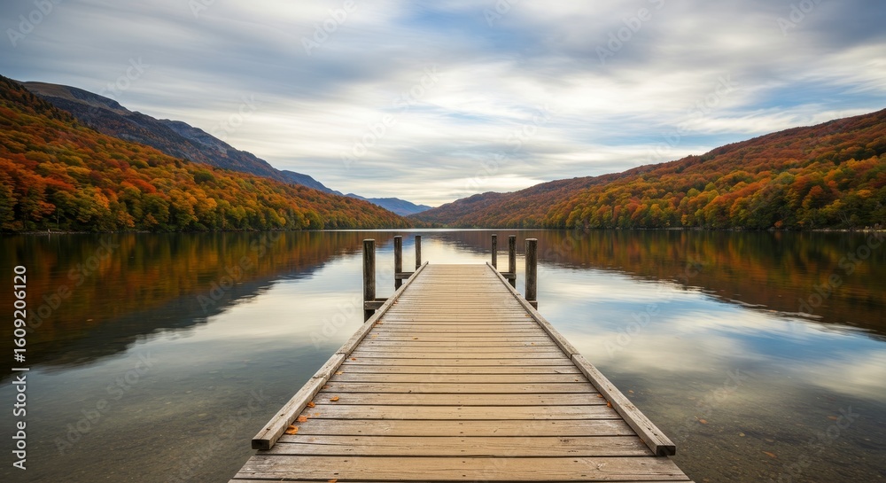 Naklejka premium Autumn Lake Dock with Colorful Forest Reflection