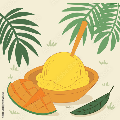 Mango-flavored ice cream scoop on a stick, vibrant yellow-orange color, with mango slices around, tropical setting.
trator Artwork