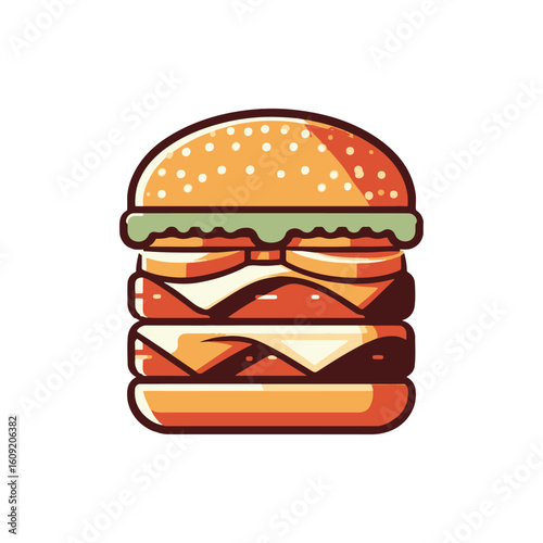 A vibrant, illustrated hamburger featuring layers of cheese and lettuce on a white background