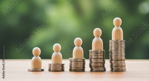 income inequality salary distribution, wooden figures standing on uneven coin stacks representing wage gap employee hierarchy and financial disparity concept

