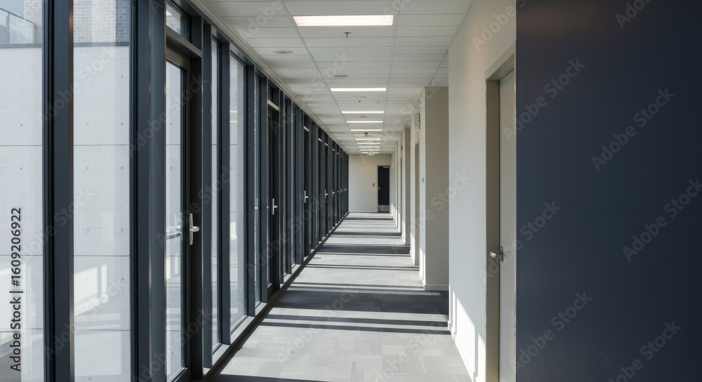 Obraz premium Long Office Corridor with Glass Doors and Neutral Tones
