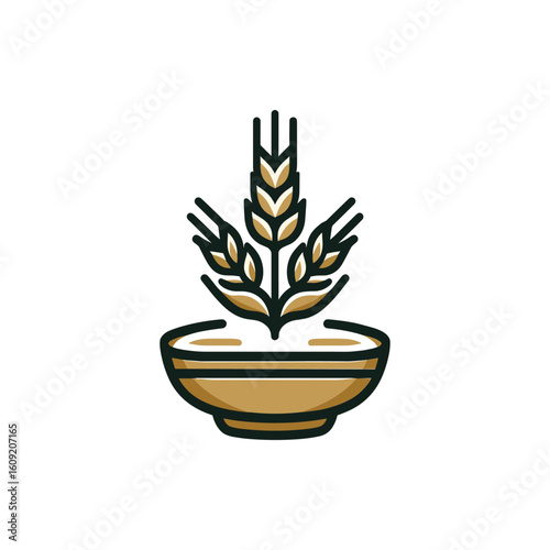 Stylized illustration of a bowl with wheat, symbolizing agriculture and harvest themes