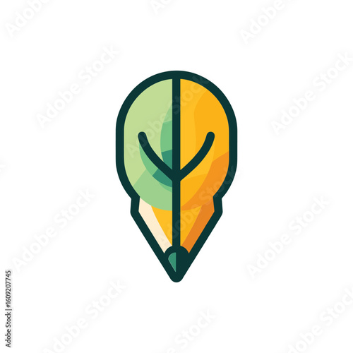 A stylized green and orange pencil icon representing creativity and design, set against a white background