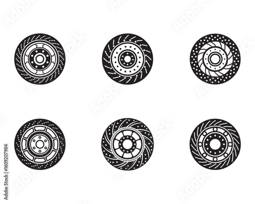 Six different brake disc designs in black and white for automotive or mechanical use showcasing various rotor patterns