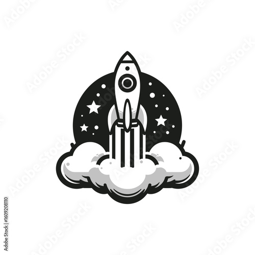 A stylized rocket launching through clouds against a starry night sky, symbolizing innovation