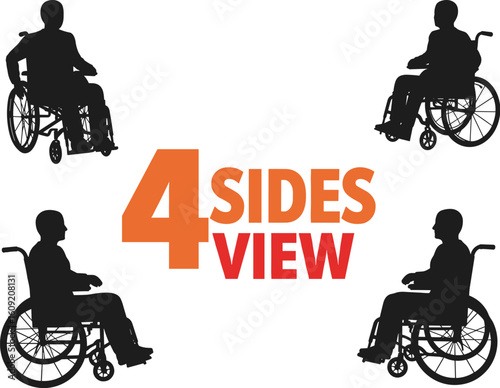 Wheelchair man silhouette vector, disabled person icon, 4 side view illustration, medical mobility symbol, accessible user pictogram, disability aid design