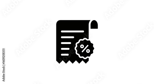 Unveil amazing savings with this bold black icon representing a discounted receipt, perfect for sales promotions and financial deals