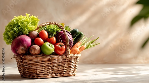 Fresh fruits and vegetables in wicker basket on clean surface with empty space for text and natural lighting