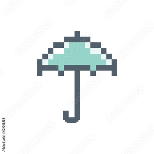 A pixel art umbrella with a light blue canopy, set against a minimalist white background