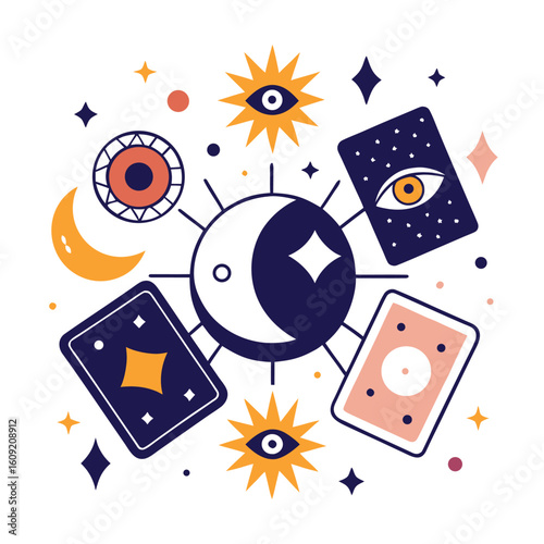 Mystical arrangement of tarot cards, a crescent moon, and watchful eyes are set against a starry night background, suggesting divination and esoteric practices