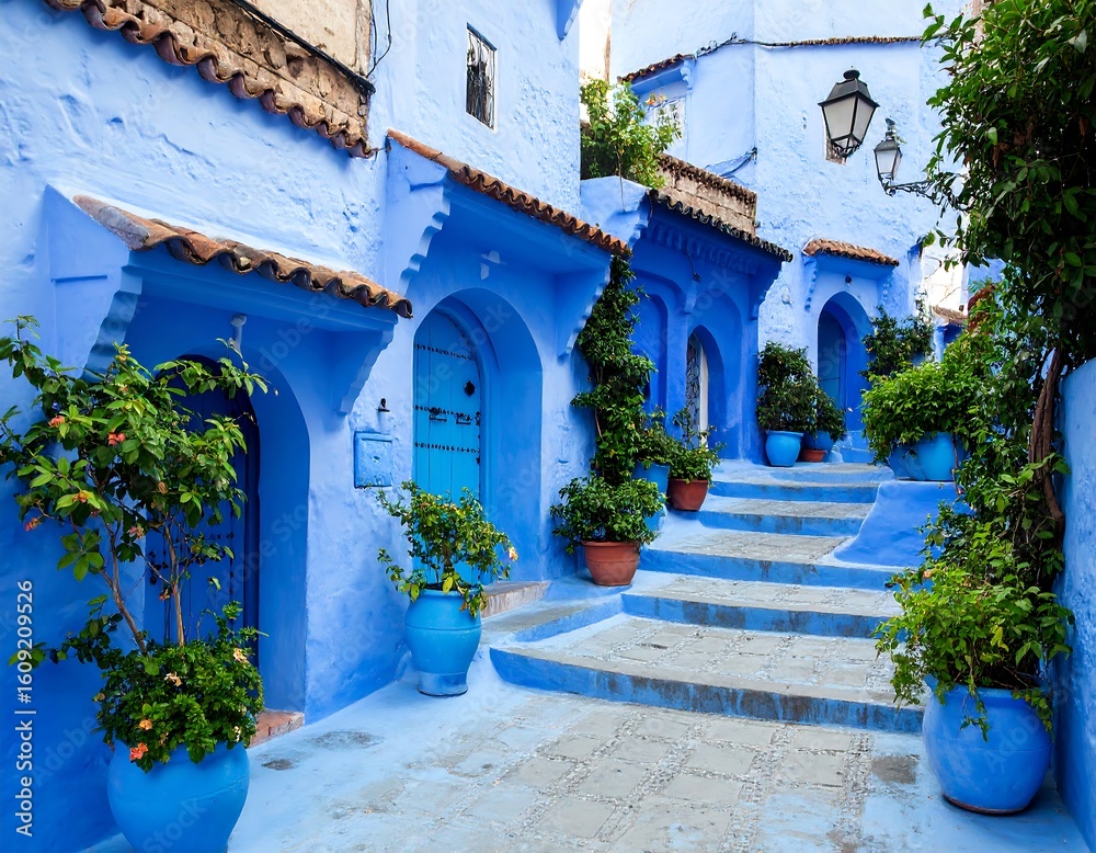 Fototapeta premium Blue-washed alleyway, vibrant and inviting