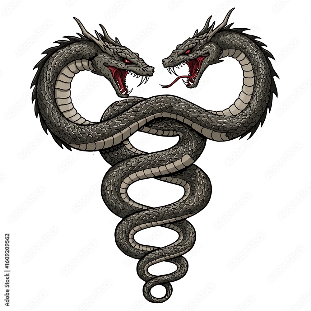 Obraz premium Dual dragon heads in dark tattoo style