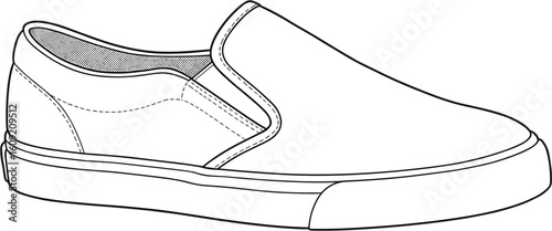 Slip-on shoe side view, sneaker template, minimalist footwear sketch, vector shoe drawing, casual design mockup, blank canvas sneaker, outlined slip-on art, fashion outline