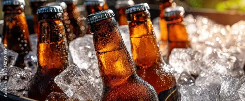Panel kuchenny z motywem The refreshing beer bottles chilling in ice on a sunny day
