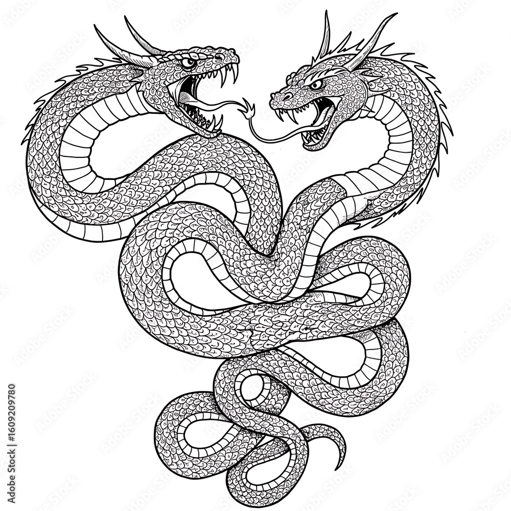 Obraz premium Twin-headed dragon ink illustration