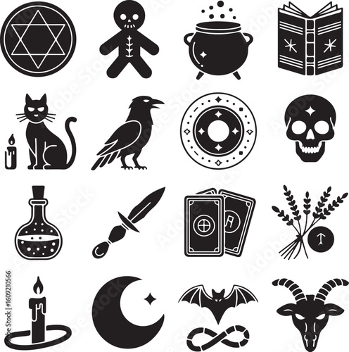 Witchcraft, occult, icon, set, magic, silhouette, vector, black, isolated, illustration, design, wicca, pagan, esoteric, ritual