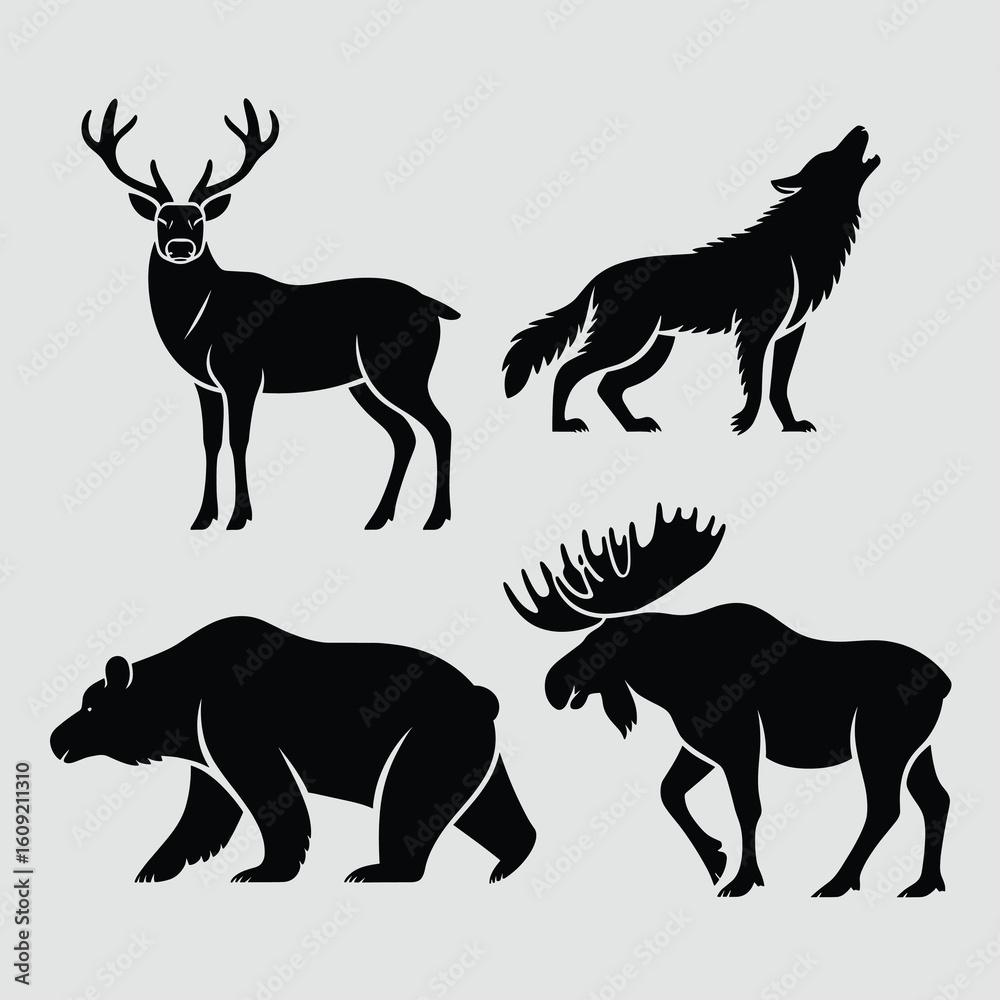 Obraz premium Black silhouettes of deer bear wolf and moose animal