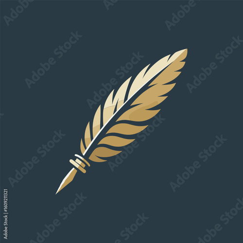 Golden quill pen on a dark background, symbolizing writing and creativity in a serene setting
