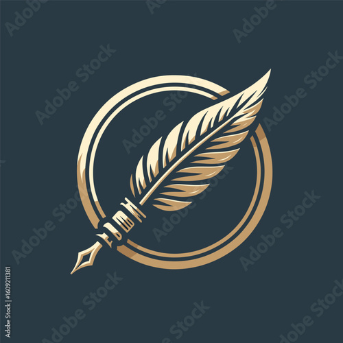 Elegant golden feather quill inside a circular emblem on a dark background, symbolizing creativity