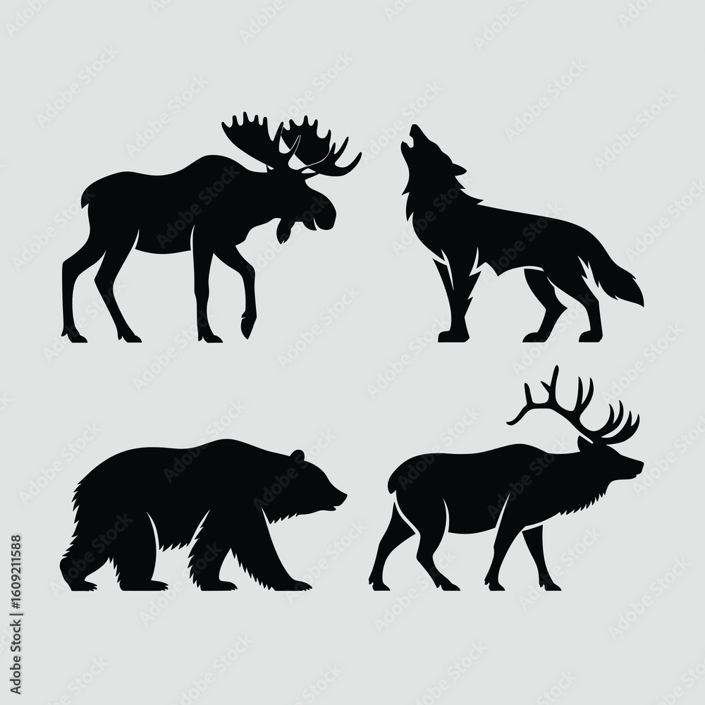 Obraz premium Black silhouettes of moose wolf bear and elk deer