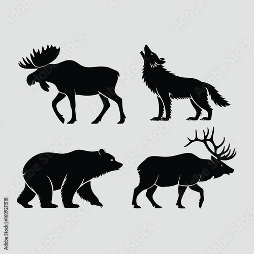 Black silhouettes of moose wolf bear and elk animal