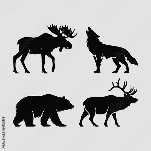 Black silhouettes of moose wolf bear and elk deer