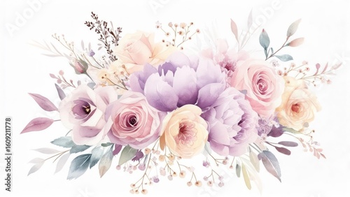 Pastel floral arrangement; roses, peonies, and other blossoms