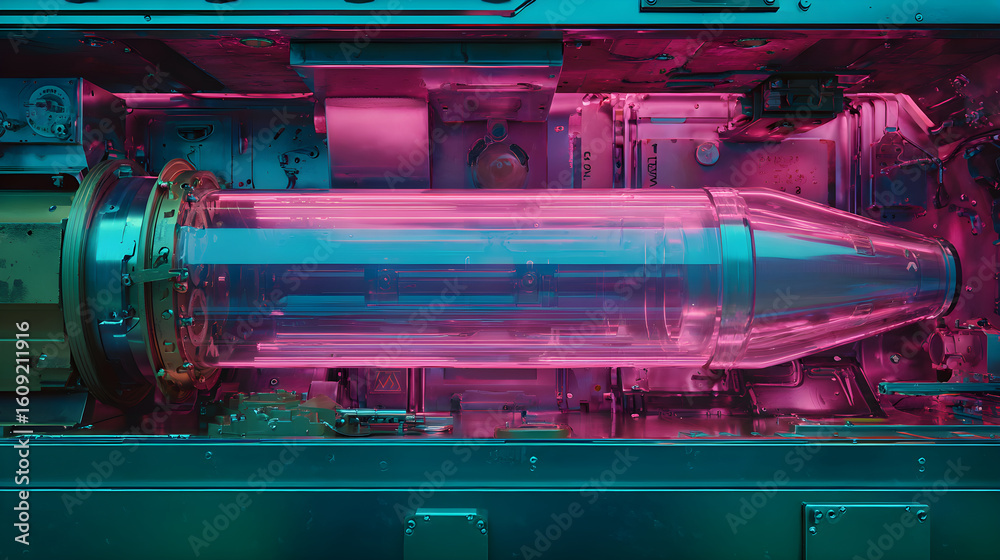 Obraz premium Futuristic Glowing Anti-Tank Missile Hologram with High-Tech Illuminated Panels