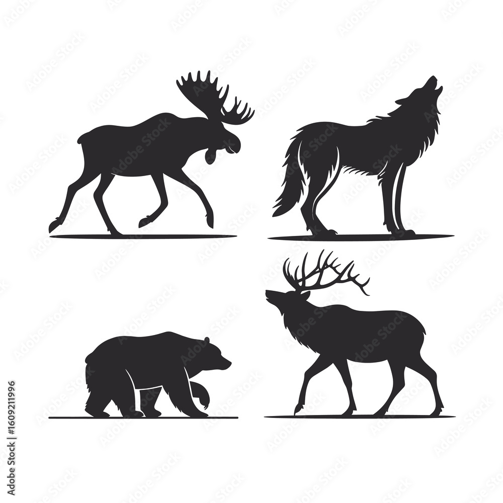 Obraz premium Four animal silhouettes moose wolf bear elk vector