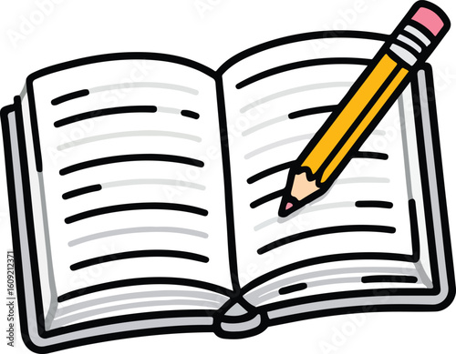 Open book with yellow pencil writing on pages style vector illustration EPS file download	