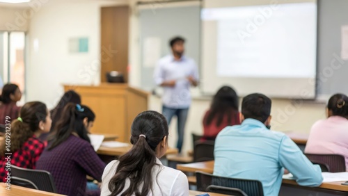 Indian Student Team Giving Presentation with Blurred Classroom Audience
