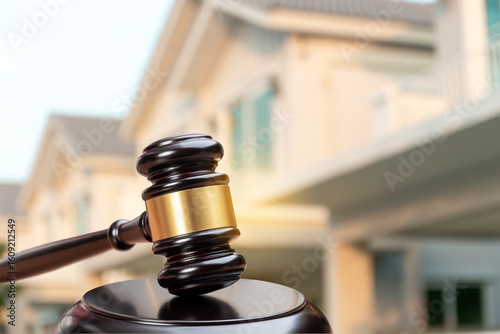 Judge gavel on background of private house, court hammer, housing estate, concept of land, construction, housing, home real estate