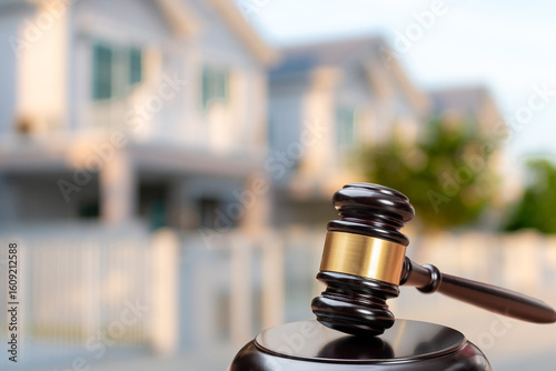 Judge gavel on background of private house, court hammer, housing estate, concept of land, construction, housing, home real estate