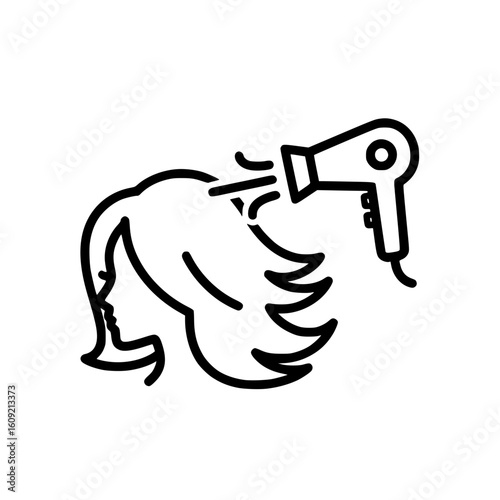 A woman dries her hair with a hair dryer