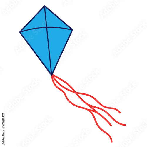 A classic diamond-shaped blue kite with a dark blue frame and flowing red ribbon tails.