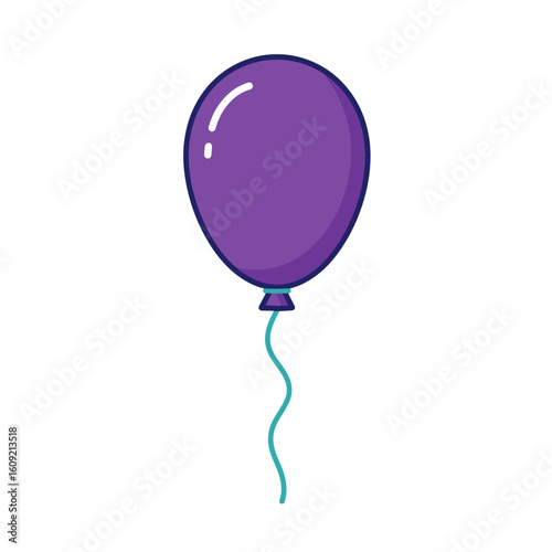 A shiny purple cartoon balloon with a dark outline and a wavy teal string.